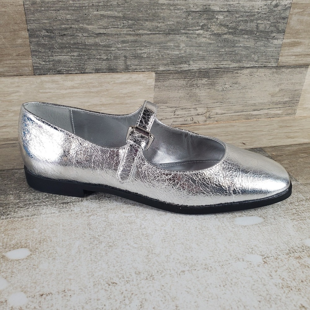 Steve Madden Solanna Womens Mary Jane Flat Sz 8.5 Silver Metallic Leather Buckle